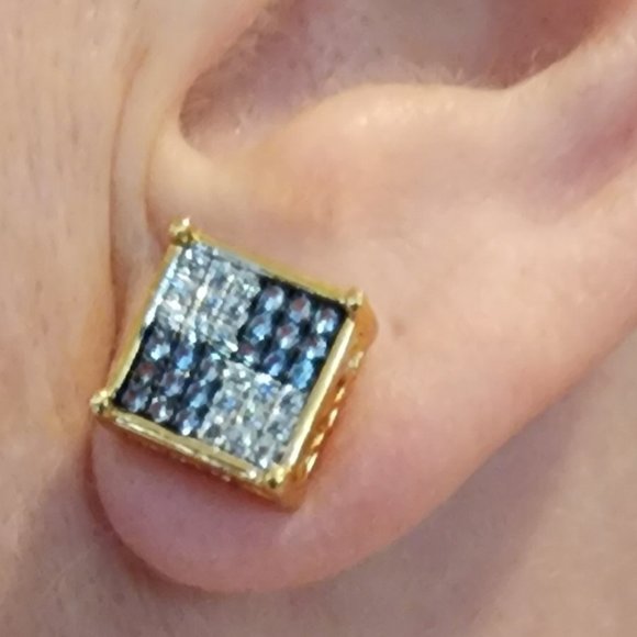 Iced Square Stud Pave Crystal Gold Plated Blue White Crystal Pierced Earrings - Picture 11 of 11